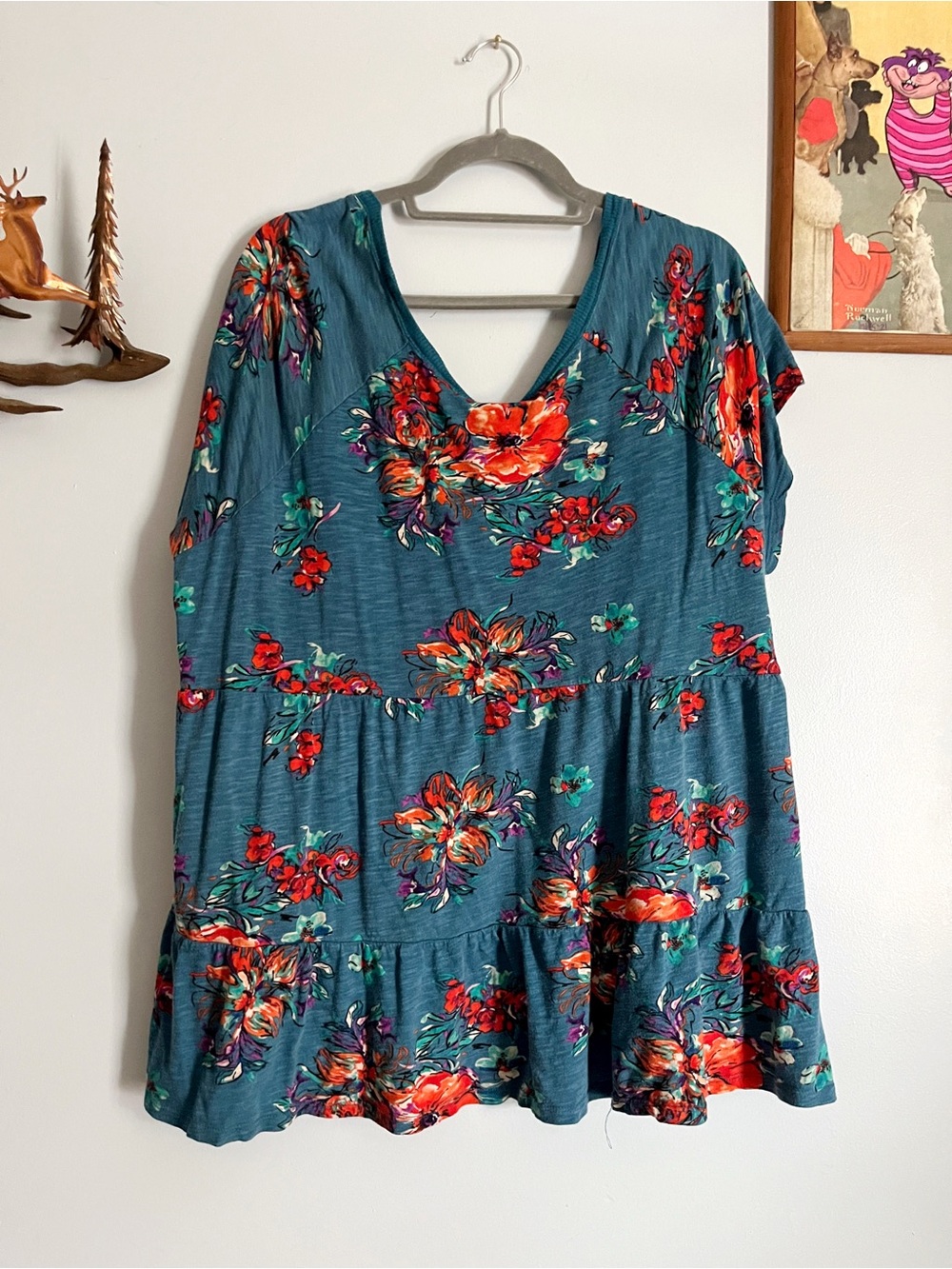 Torrid Floral Babydoll Top Size 4 Teal Boho Flowy Tunic Shirt